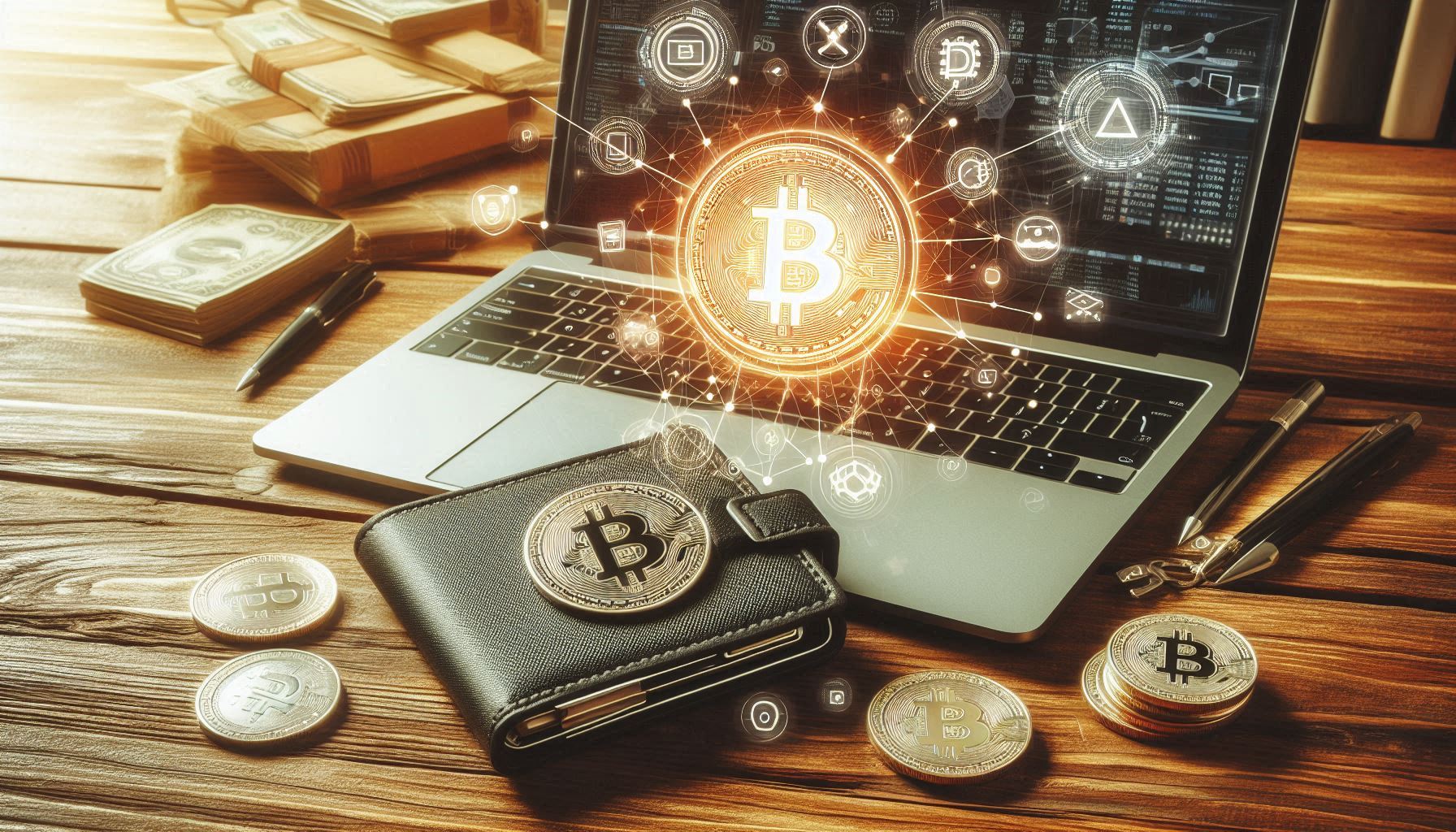 Bitcoin cold wallet and coins on a wooden desk with a laptop displaying cryptocurrency icons, symbolizing secure crypto storage